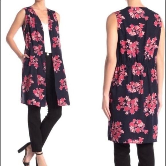 PLEIONE NWT Navy Blue & Pink Floral Open-Front Kimono Size Small/Petite NWT - Picture 1 of 9